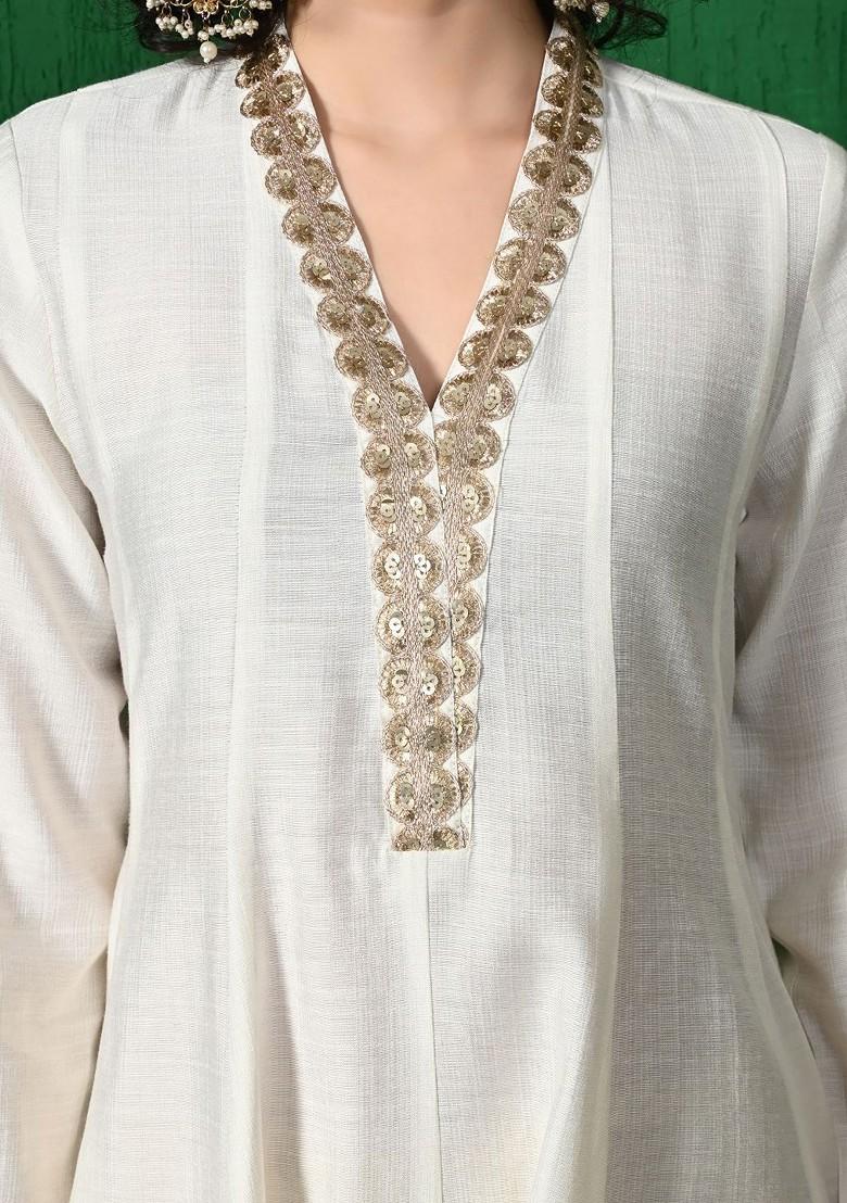 White Sequinned Blended Kurta Set - Indya