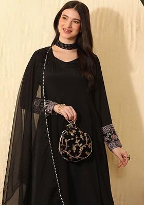 Black Embroidered Blended Kurta Set