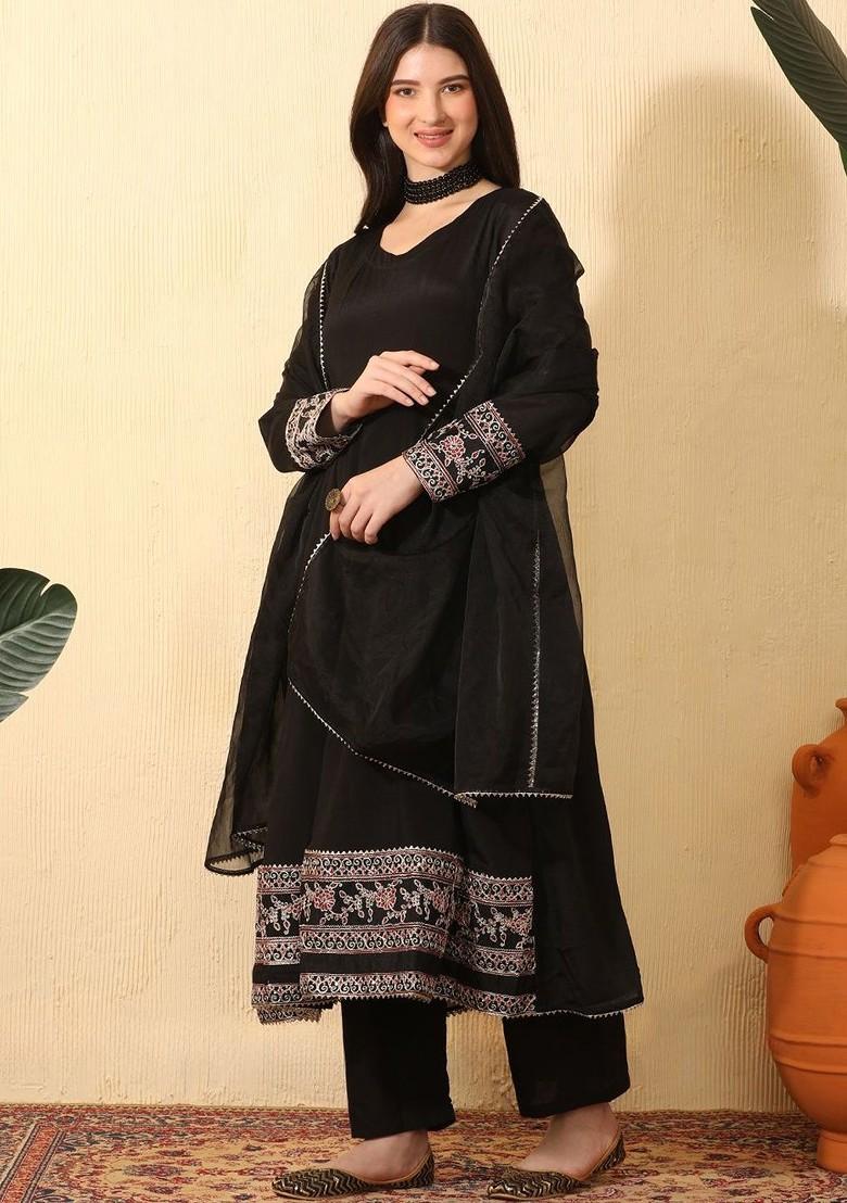 Black Embroidered Blended Kurta Set - Indya