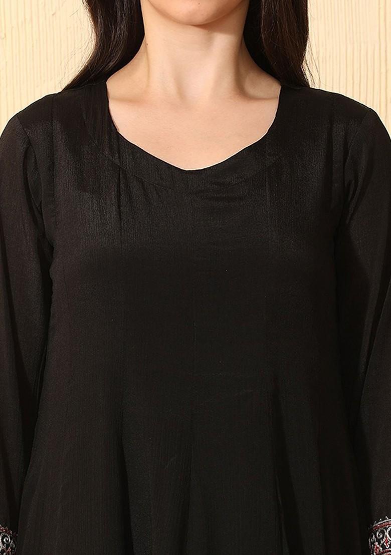 Black Embroidered Blended Kurta Set - Indya
