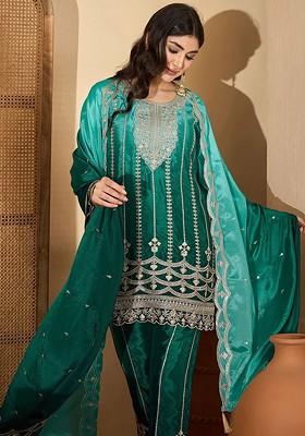 Turquoise Blue Printed Blended Kurta Set