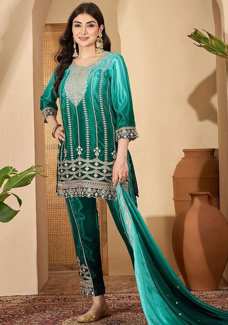 Turquoise Blue Printed Blended Kurta Set - Indya