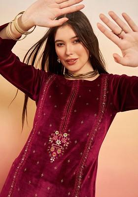 Maroon Embroidered Blended Kurta Set