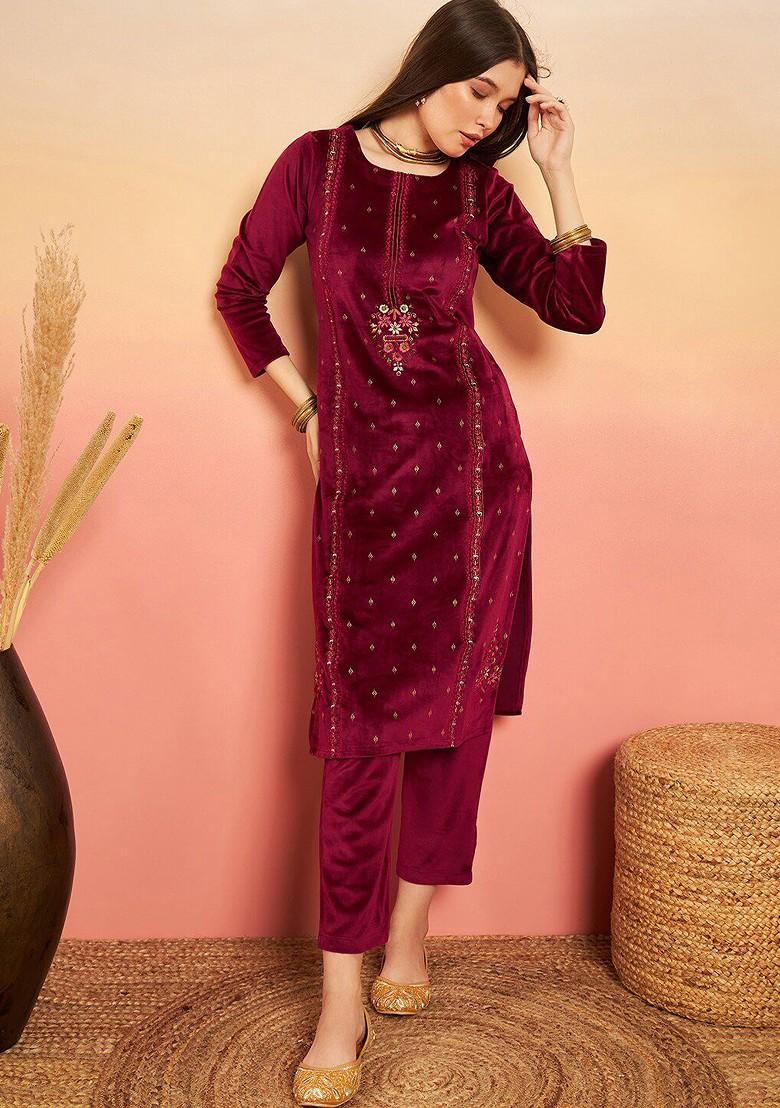 Maroon Embroidered Blended Kurta Set - Indya