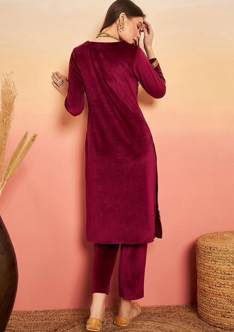 Maroon Embroidered Blended Kurta Set - Indya