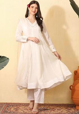 Off White Embroidered Blended Kurta Set