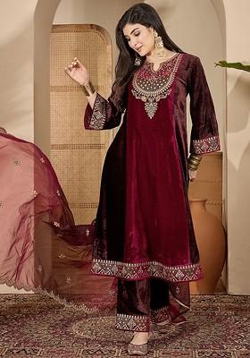 Maroon Embroidered Blended Kurta Set