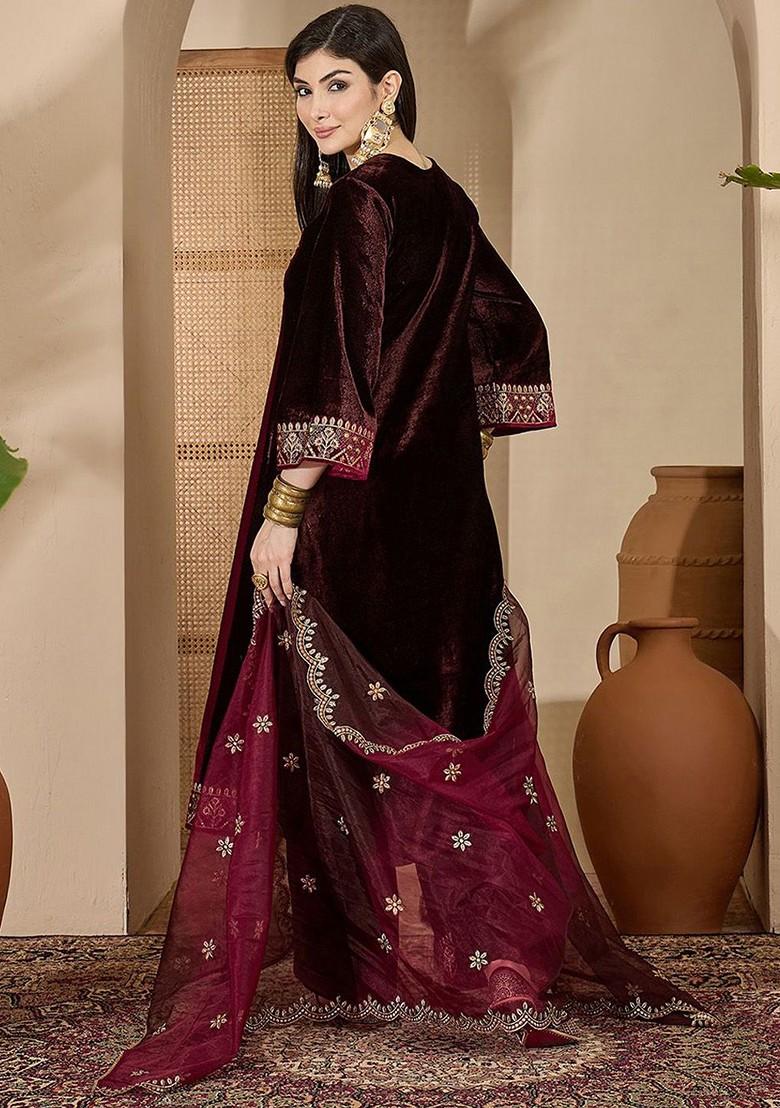 Maroon Embroidered Blended Kurta Set - Indya