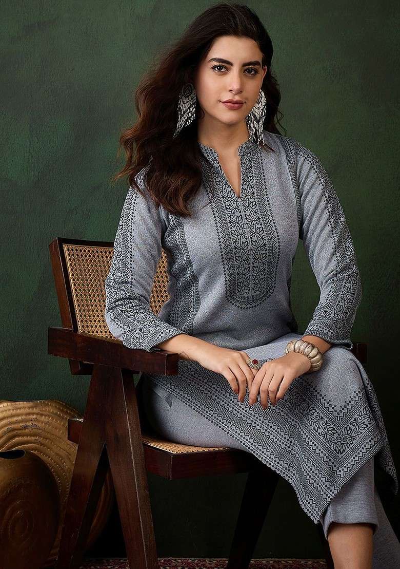 Grey Woven Design Blended Kurta Set - Indya