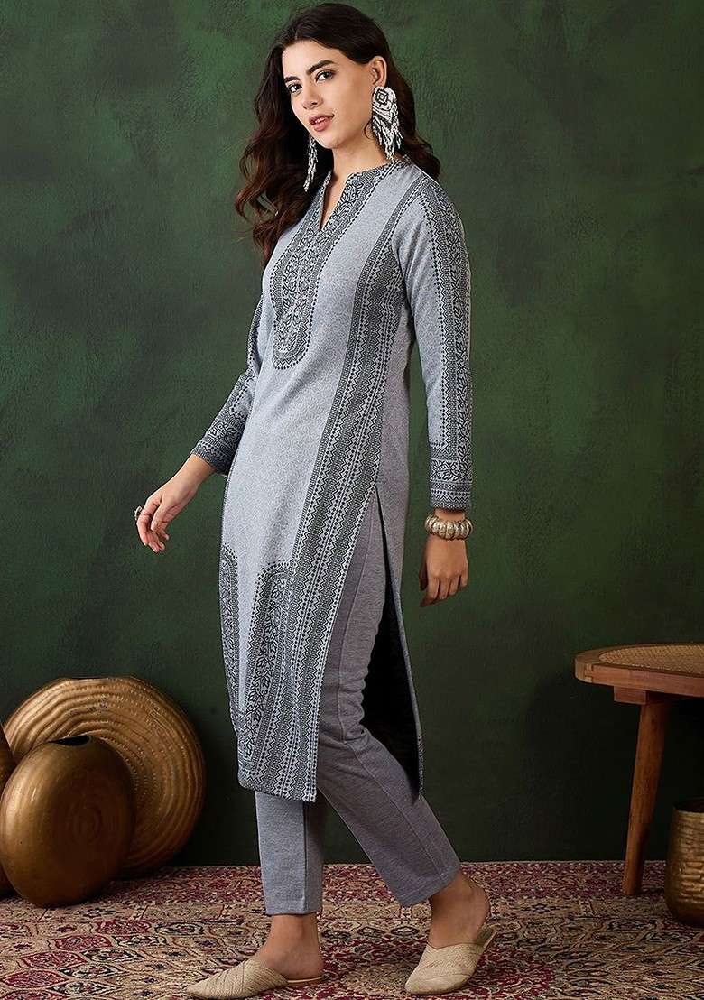 Grey Woven Design Blended Kurta Set - Indya