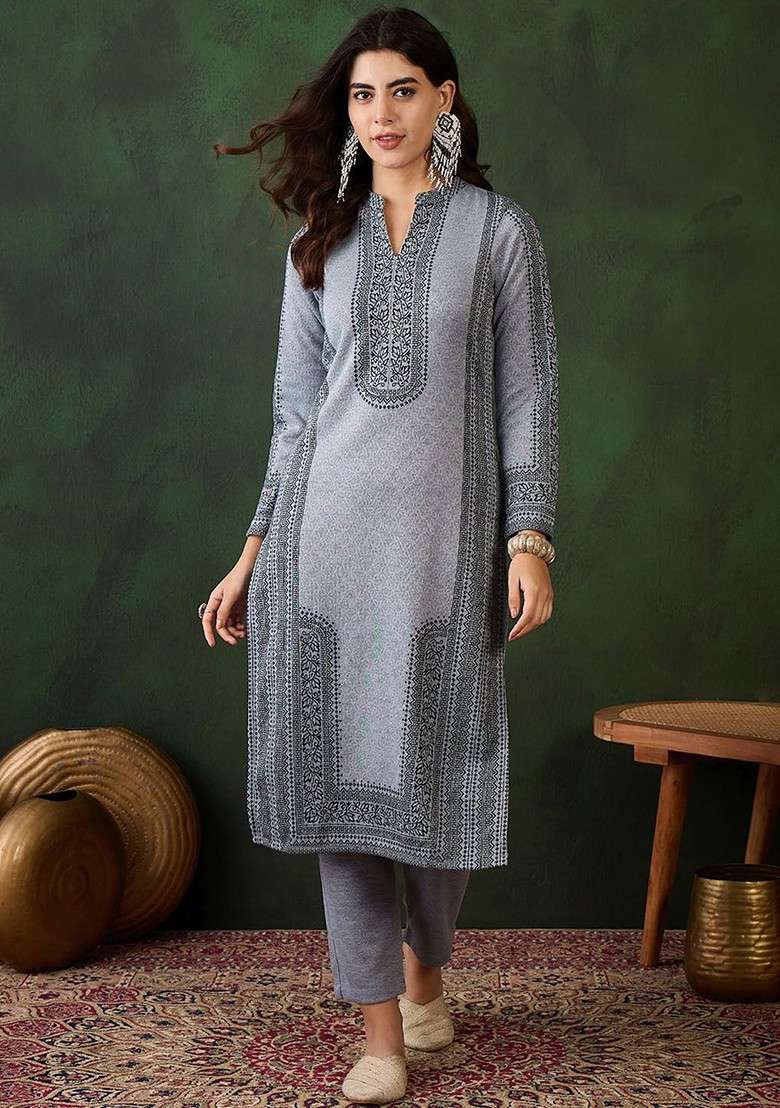 Grey Woven Design Blended Kurta Set - Indya
