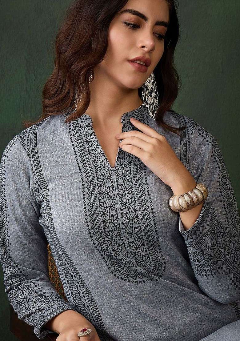 Grey Woven Design Blended Kurta Set - Indya