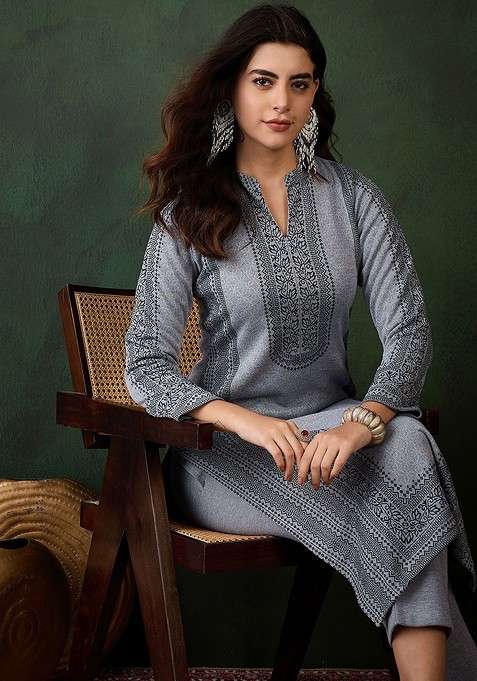 Grey Woven Design Blended Kurta Set