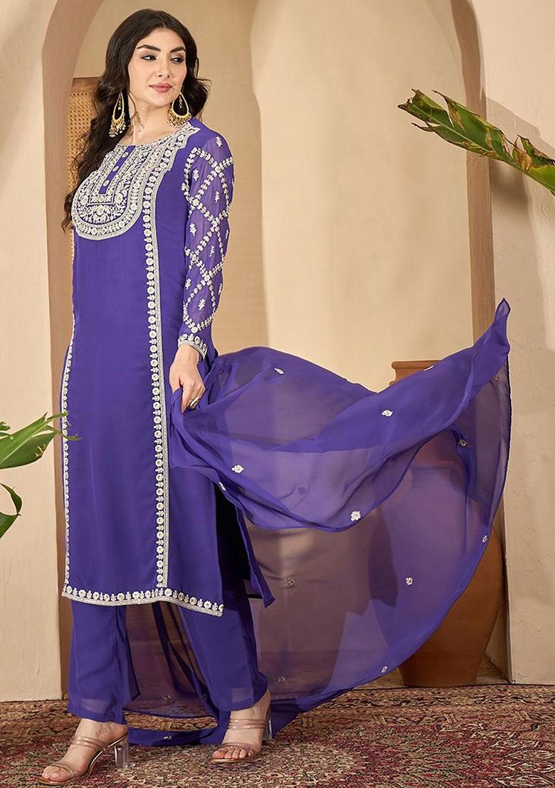 Purple Embroidered Blended Kurta Set - Indya