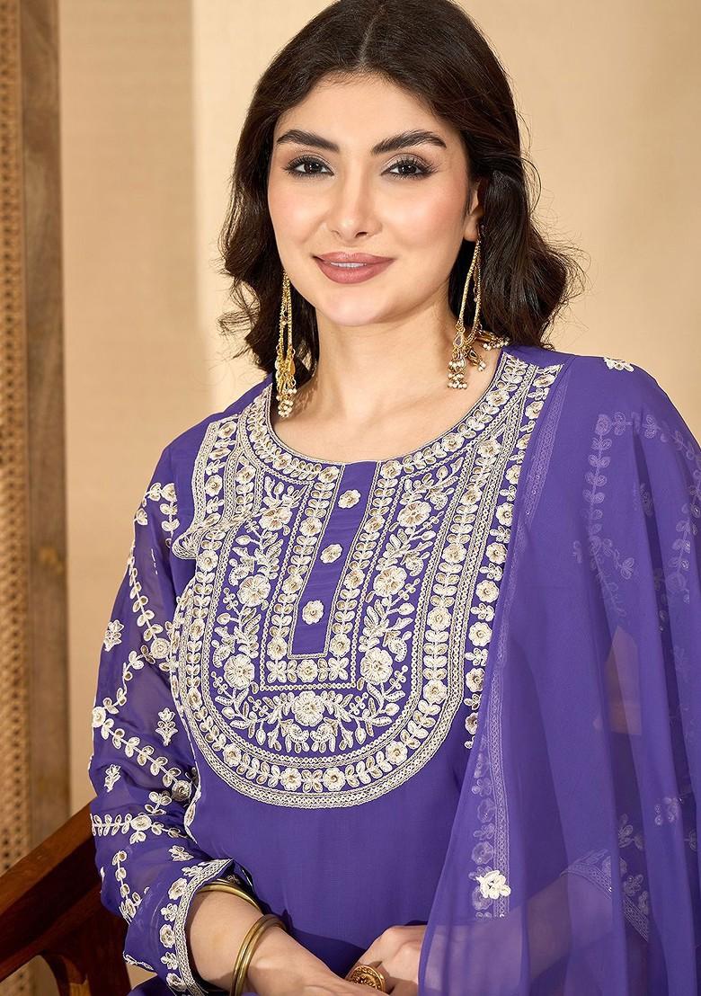 Purple Embroidered Blended Kurta Set - Indya