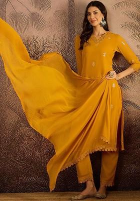Yellow Embroidered Blended Kurta Set