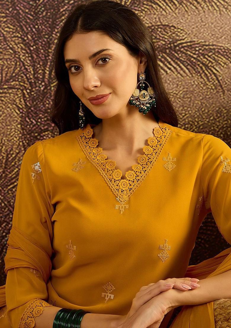 Yellow Embroidered Blended Kurta Set - Indya