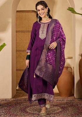Purple Embroidered Blended Kurta Set