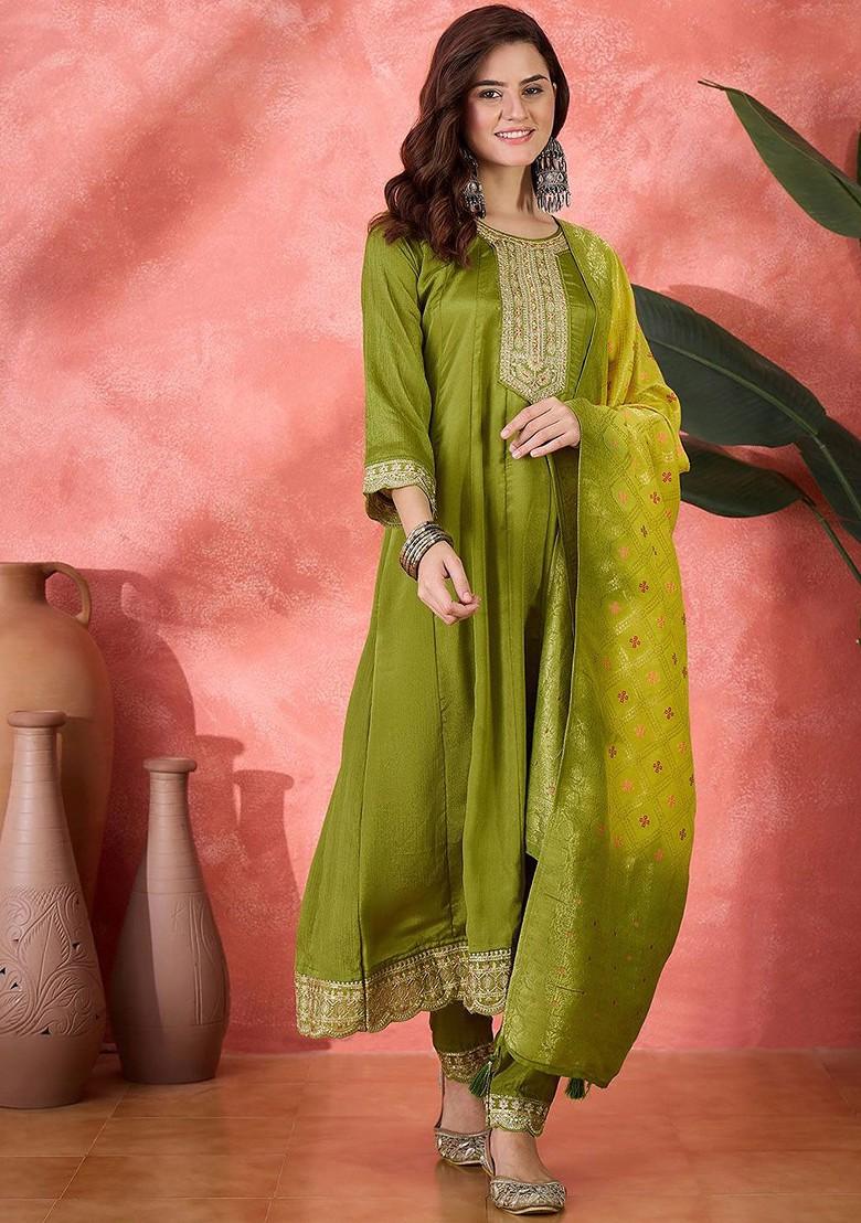 Green Embroidered Blended Kurta Set - Indya