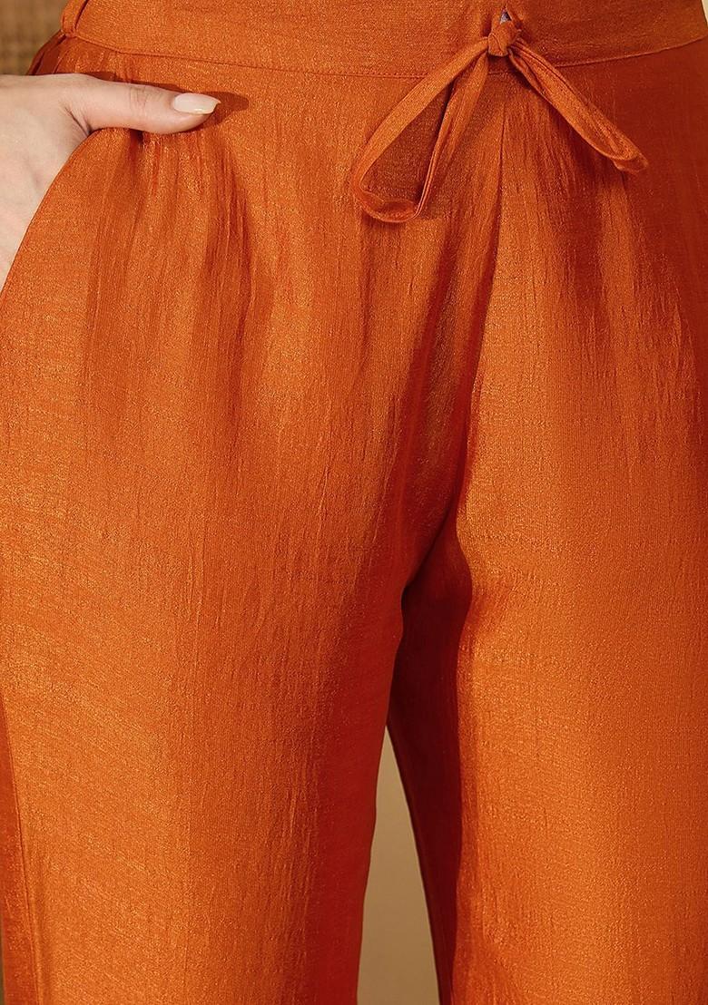 Orange Embroidered Blended Kurta Set - Indya