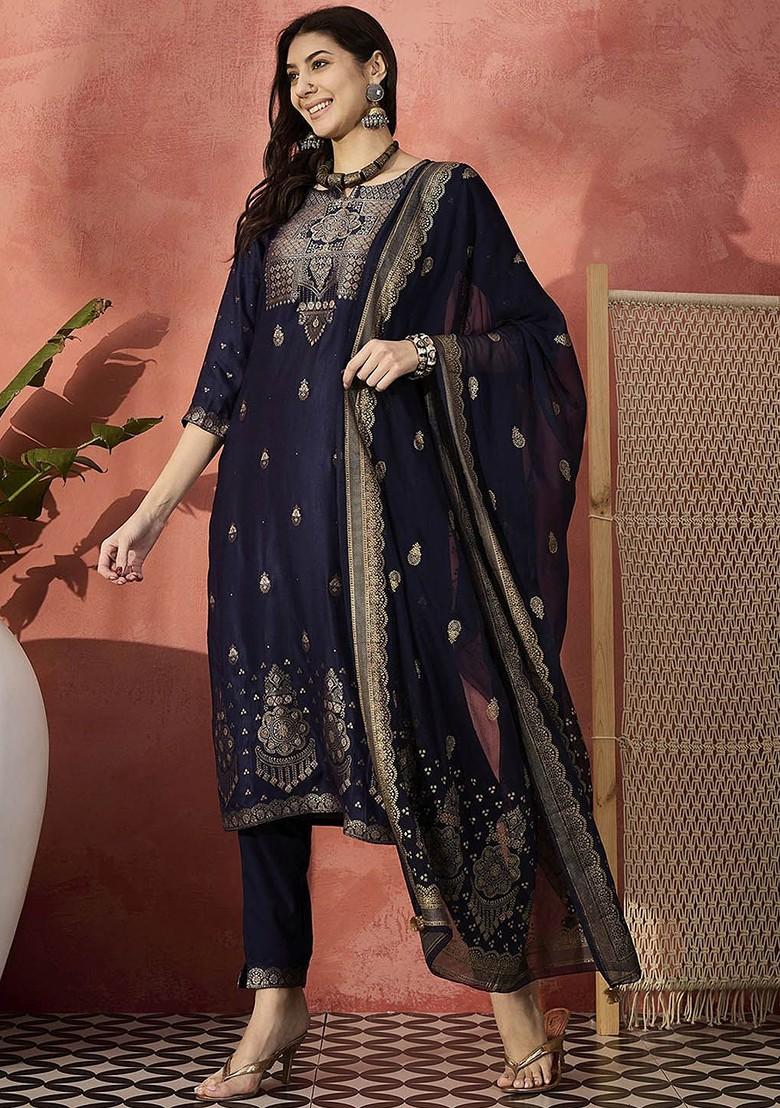 Navy Blue Embroidered Blended Kurta Set - Indya