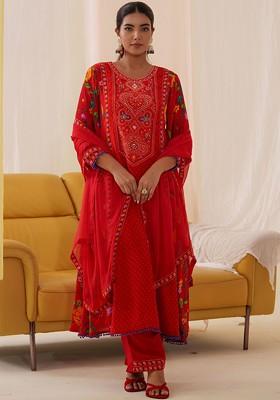 Red Embroidered Blended Kurta Set