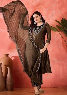 Brown Embroidered Blended Kurta Set