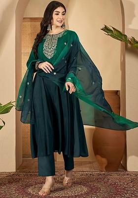 Green Embroidered Blended Kurta Set