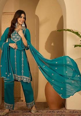 Turquoise Blue Embroidered Blended Kurta Set