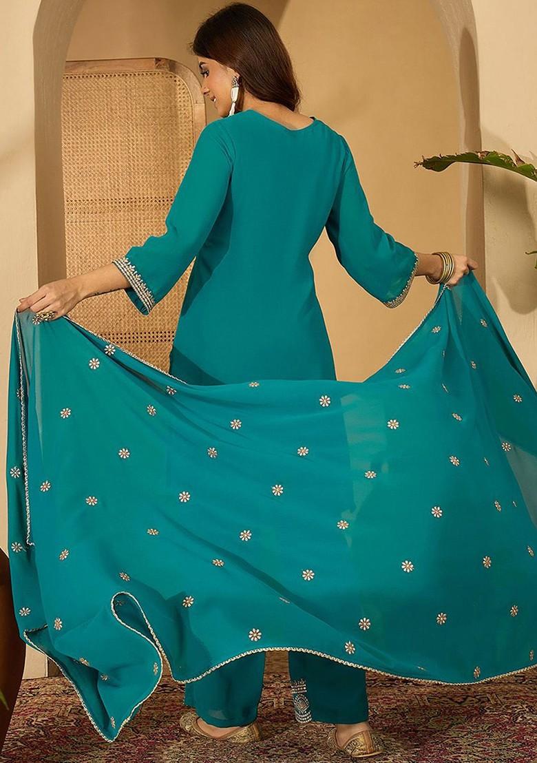 Turquoise Blue Embroidered Blended Kurta Set - Indya
