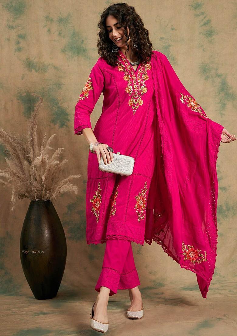 Pink Thread Work Blended Kurta Set - Indya