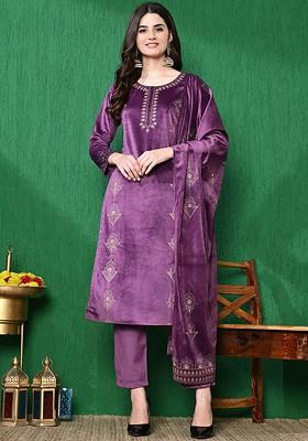 Purple Printed Blended Kurta Set