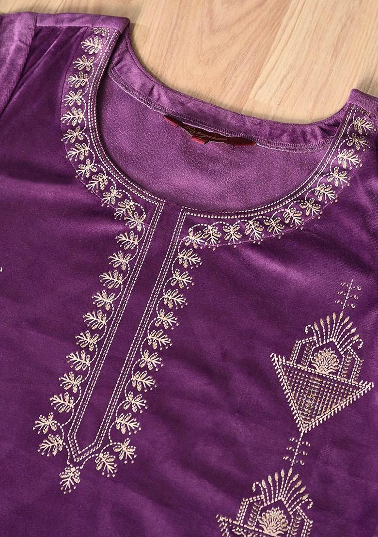 Purple Printed Blended Kurta Set - Indya