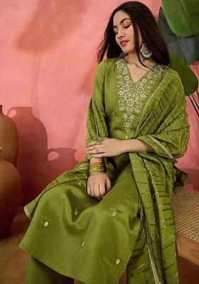 Lime Green Embroidered Blended Kurta Set
