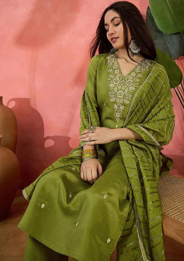 Lime Green Embroidered Blended Kurta Set - Indya
