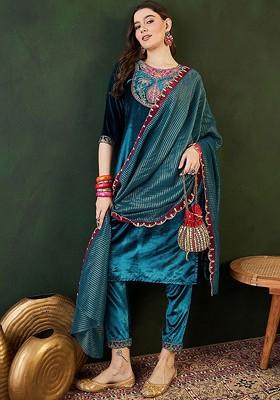 Teal Embroidered Blended Kurta Set