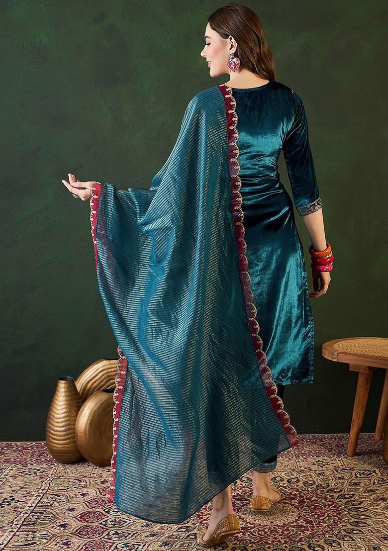 Teal Embroidered Blended Kurta Set - Indya