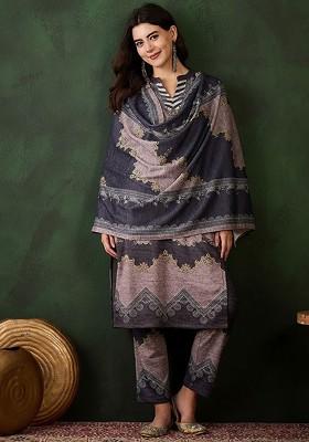 Mauve Self Design Blended Kurta Set