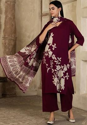 Burgundy Printed Blended Kurta Set