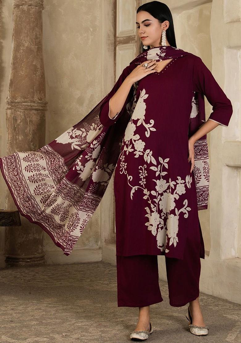 Burgundy Printed Blended Kurta Set - Indya