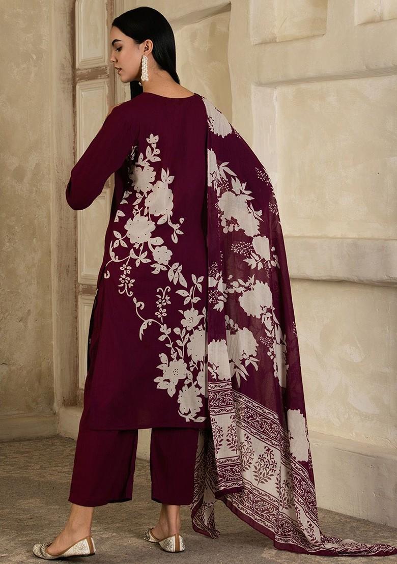 Burgundy Printed Blended Kurta Set - Indya