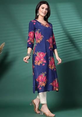 Blue Printed Blended Kurta Set