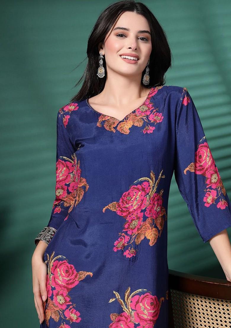 Blue Printed Blended Kurta Set - Indya