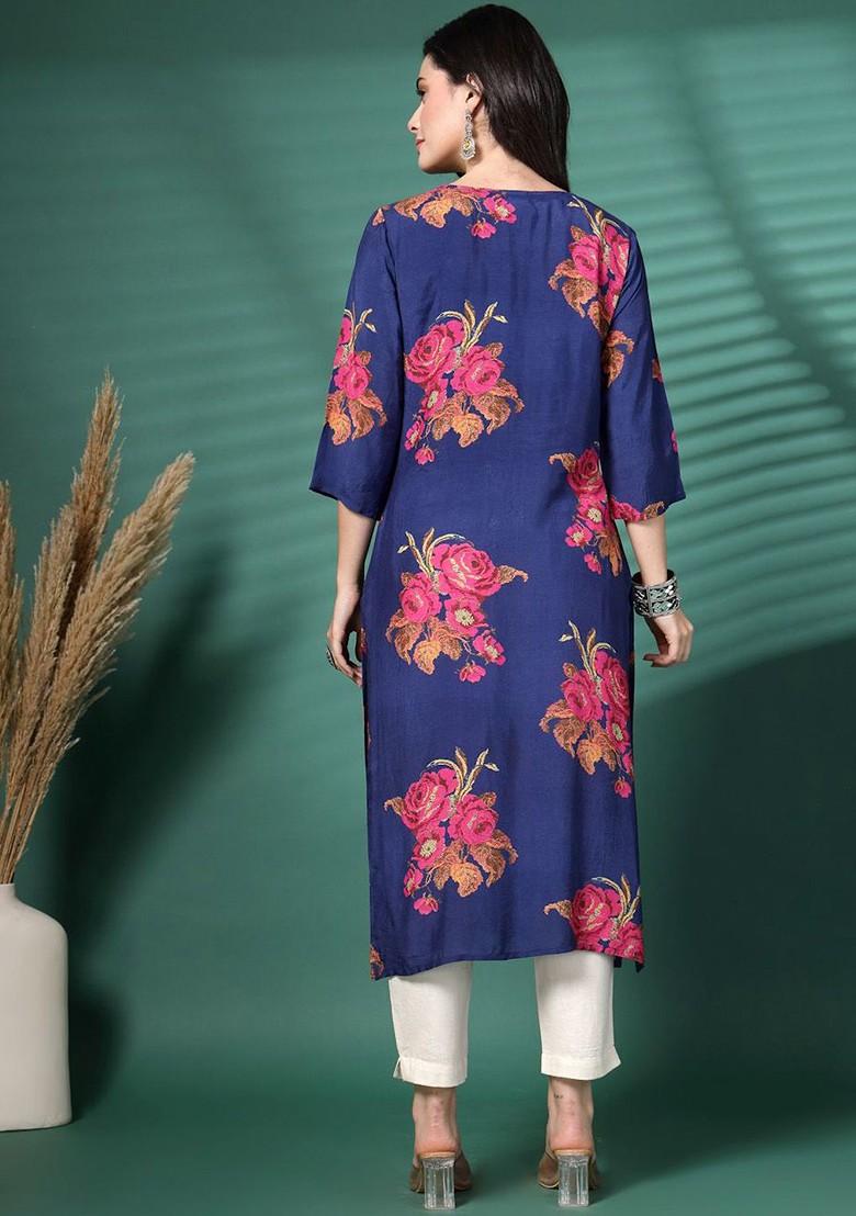 Blue Printed Blended Kurta Set - Indya