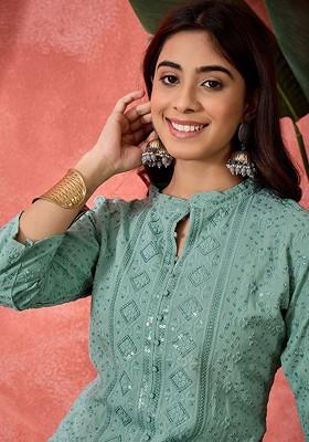 Blue Embroidered Blended Kurta Set