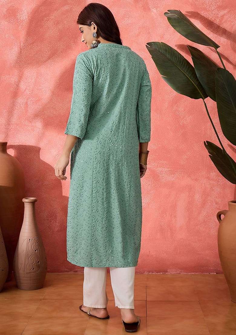 Blue Embroidered Blended Kurta Set - Indya