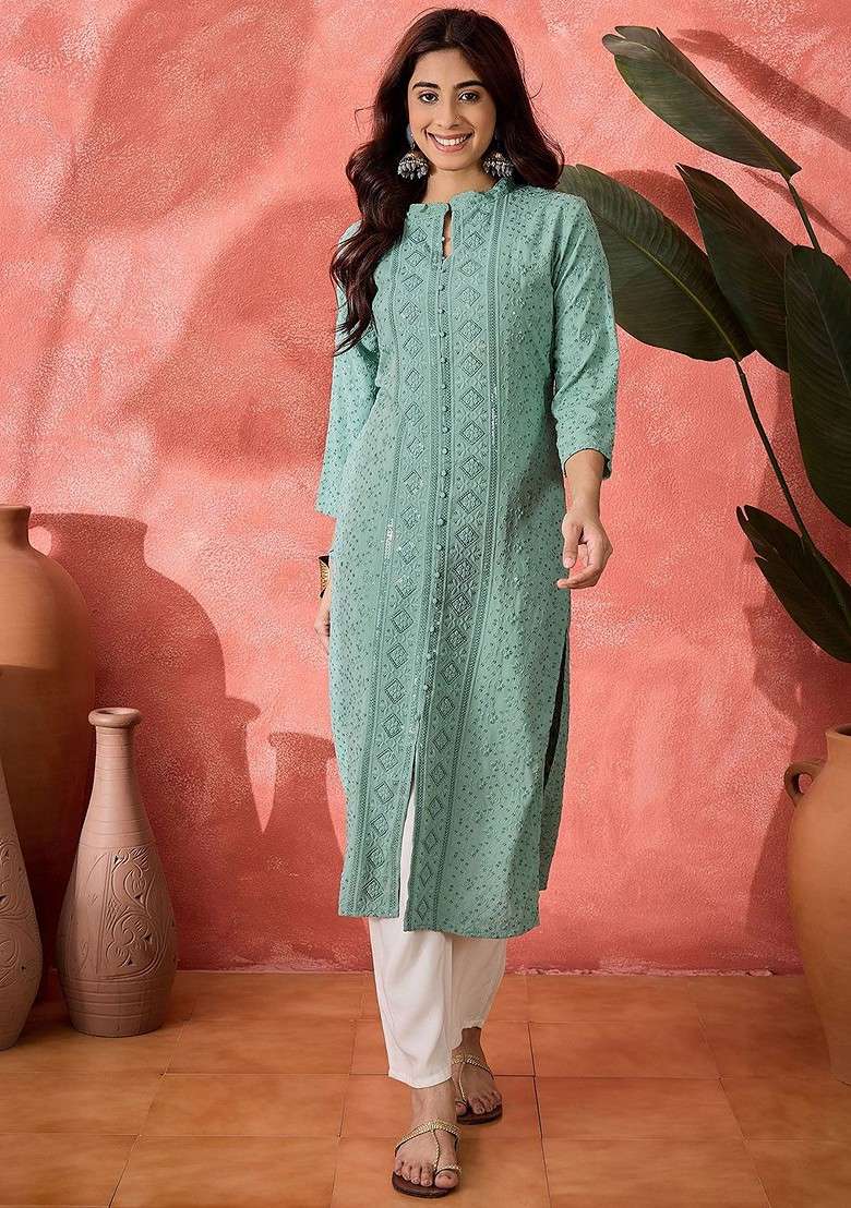 Blue Embroidered Blended Kurta Set - Indya