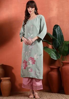 Sea Green Printed Blended Kurta Set