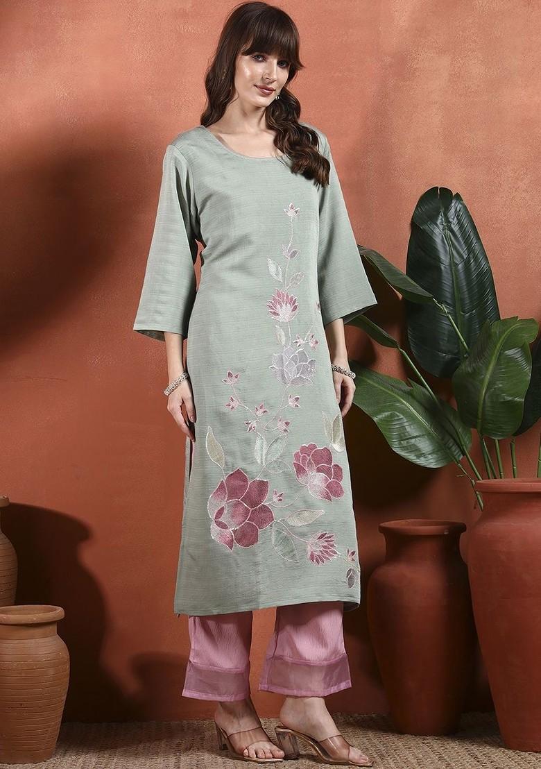 Sea Green Printed Blended Kurta Set - Indya