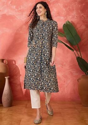 Navy Blue Embroidered Blended Kurta Set